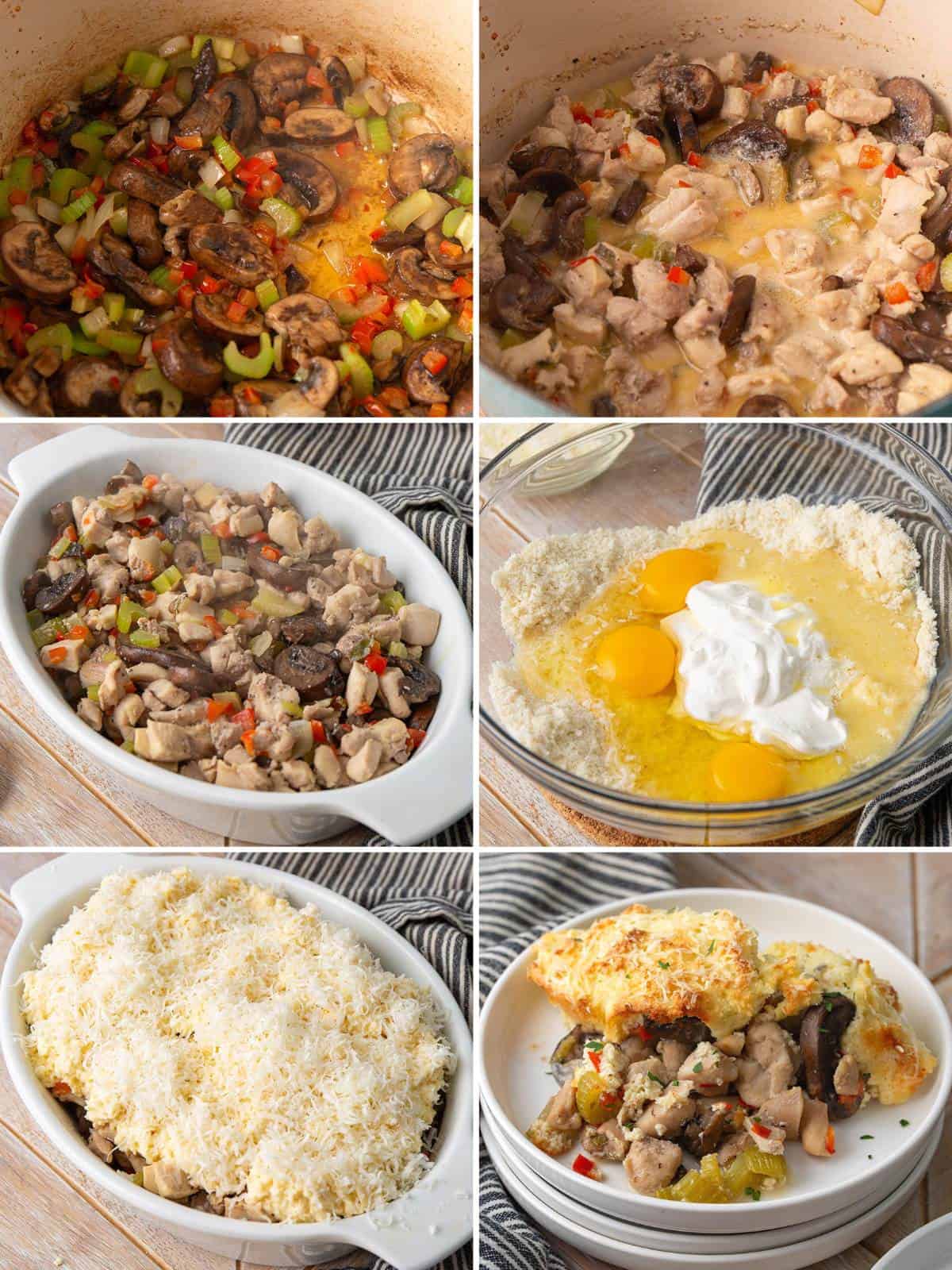 A collage of 6 images showing how to make Keto Chicken Pot Pie.