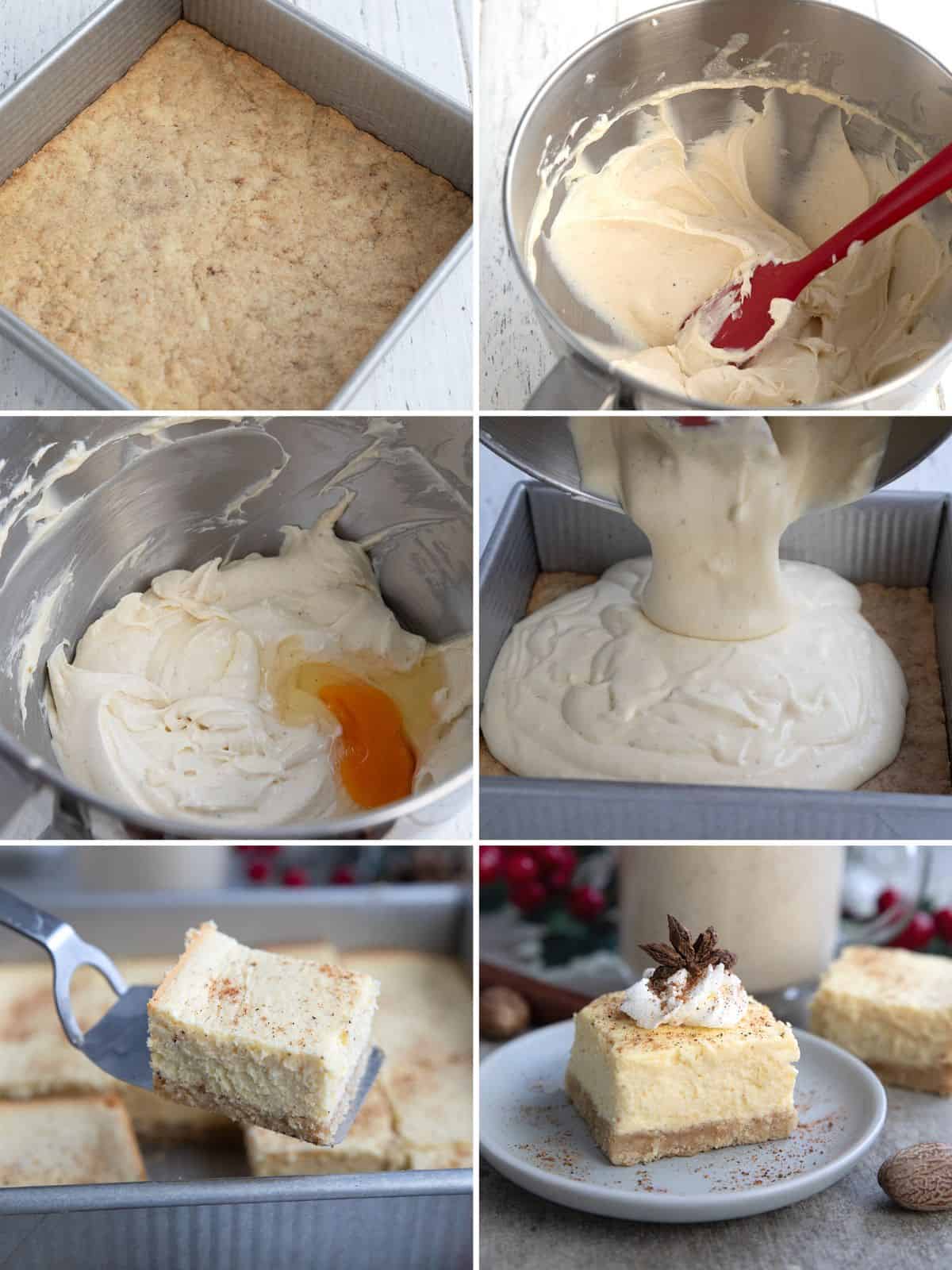 A collage of 6 images showing how to make Keto Eggnog Cheesecake Bars.