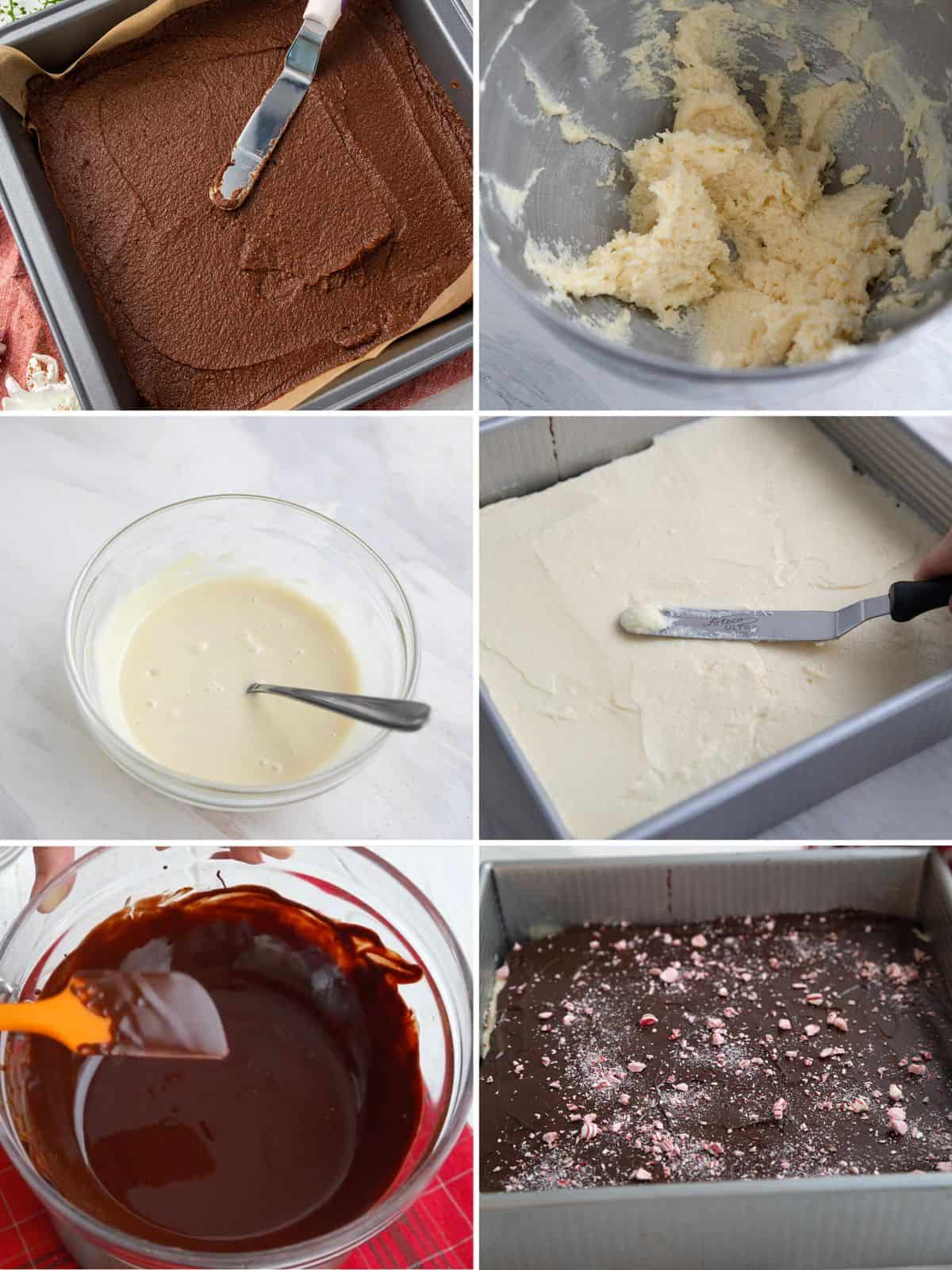 A collage of 6 images showing the steps for making Keto Peppermint Bark Brownies.