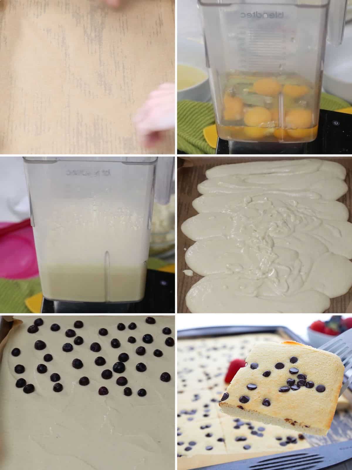 A collage of 6 images showing the steps for making sheet pan pancakes.
