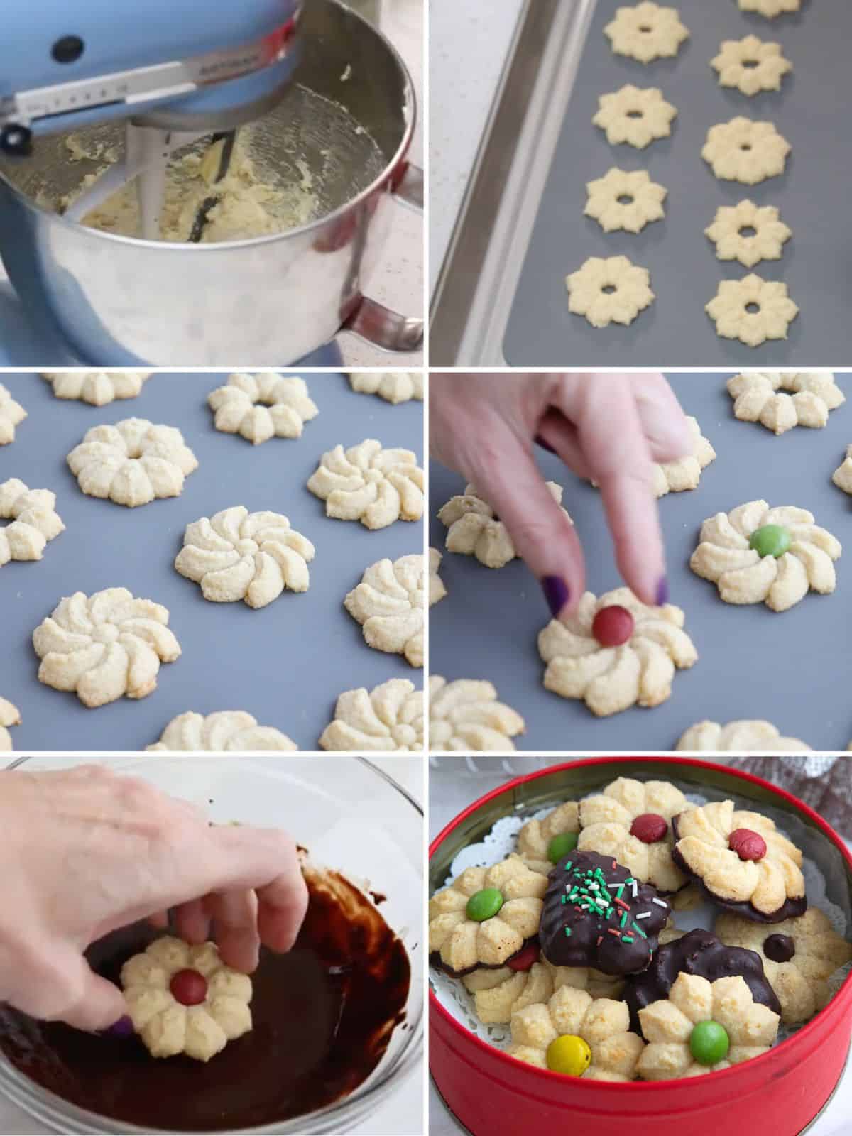 A collage of 6 images showing how to make Keto Spritz Cookies.