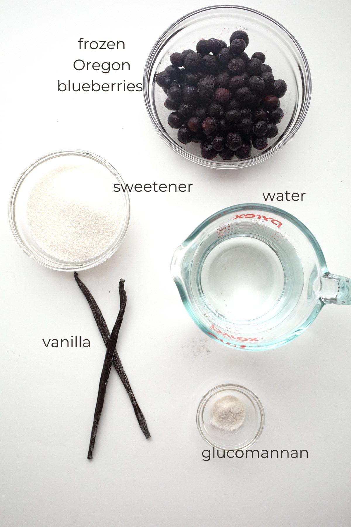 Top down image of ingredients for Keto Blueberry Syrup.