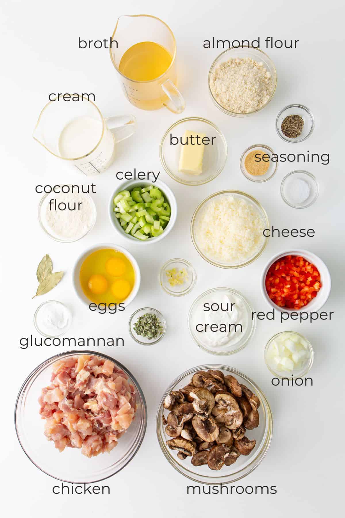 Top down image of ingredients for Keto Chicken Pot Pie.
