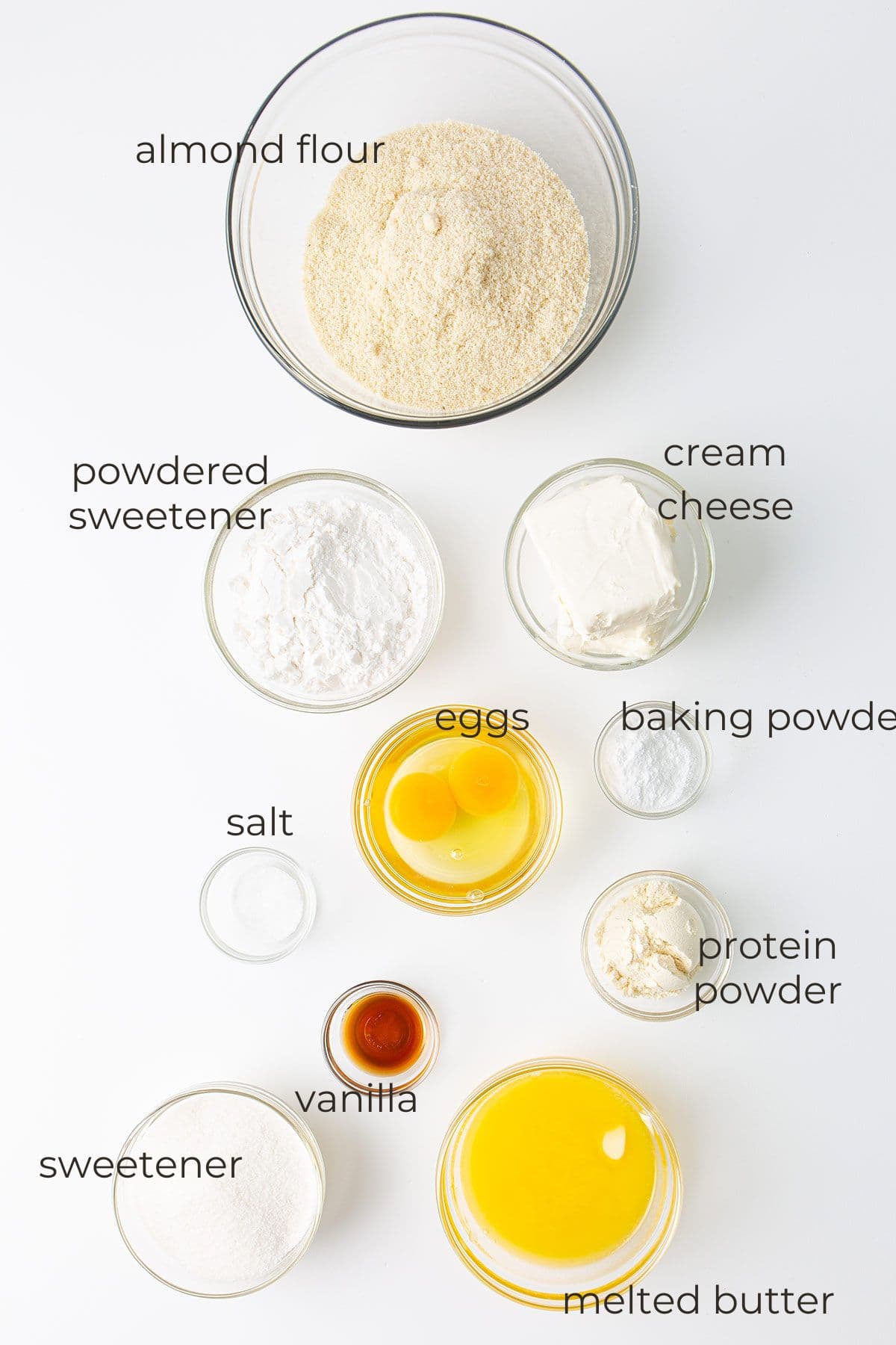 Top down image of ingredients needed for Keto Gooey Butter Cake.
