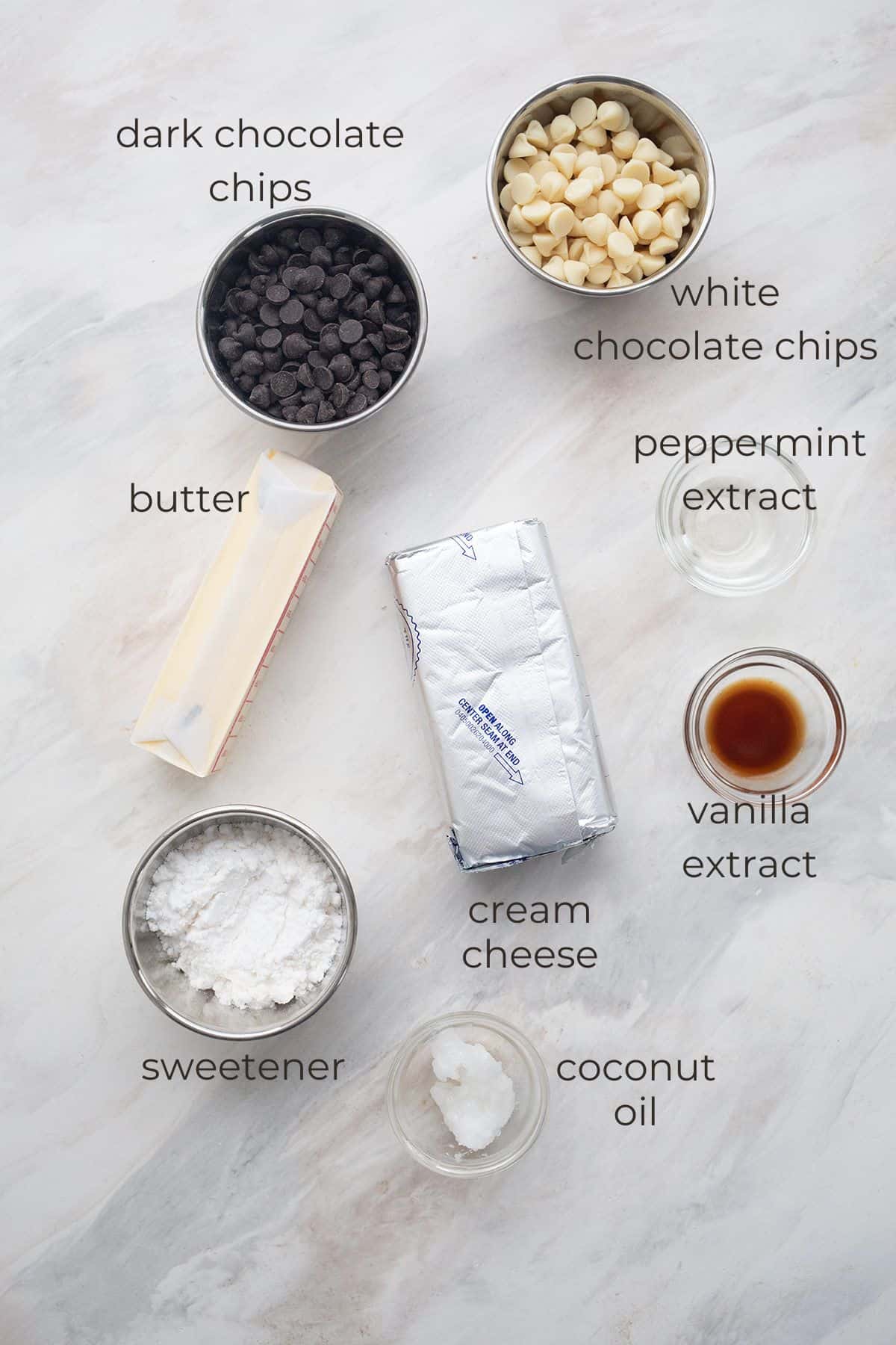 Top down image of ingredients needed for Keto Peppermint Bark Brownies.