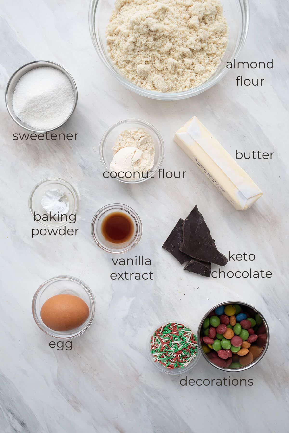 Top down image of ingredients needed for Keto Spritz Cookies.