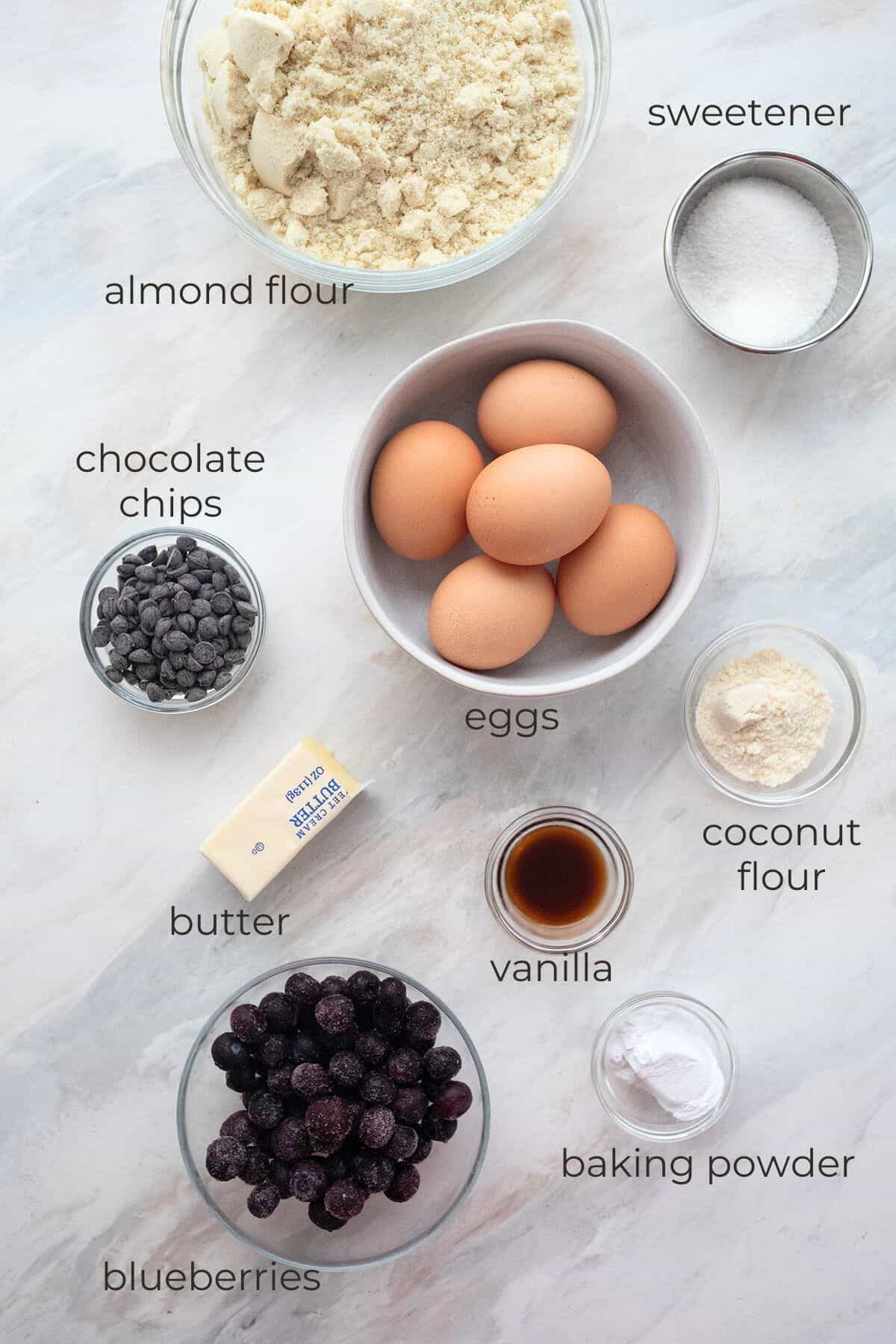 Top down image of ingredients for Keto Sheet Pan Pancakes.