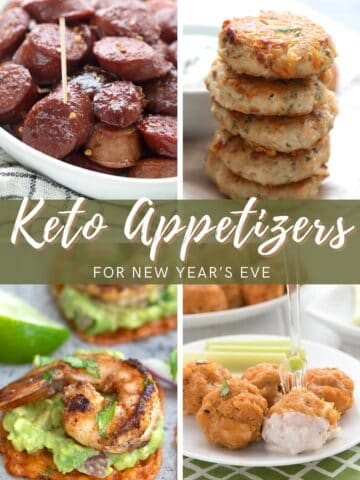 A collage of 4 images with keto appetizers for New Year's Eve.