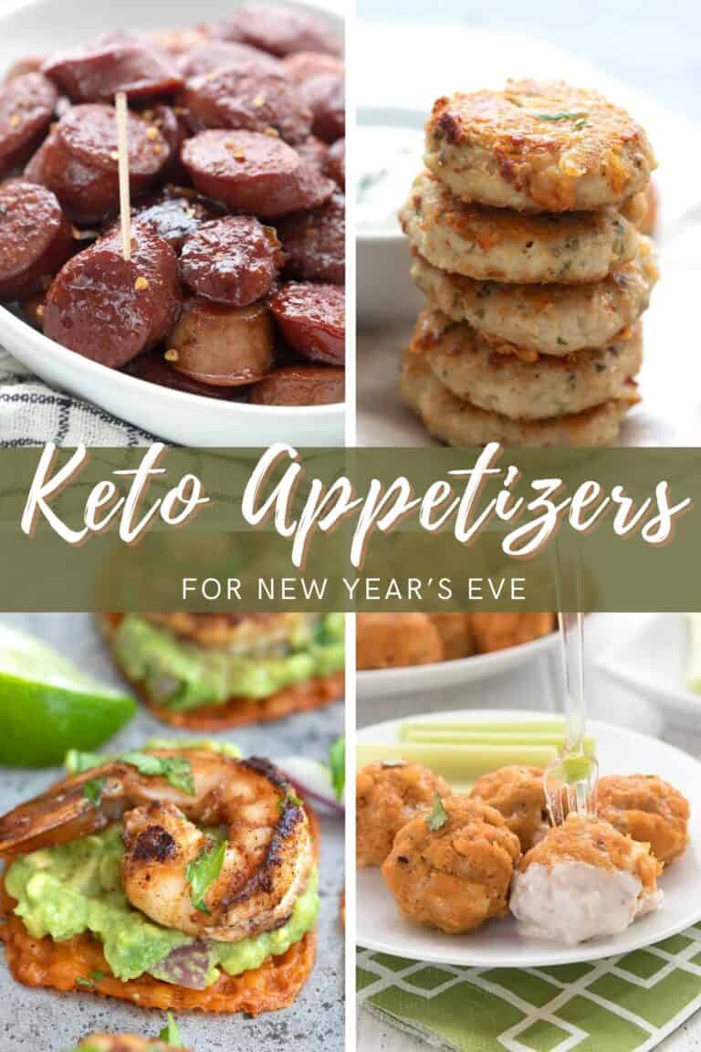 A collage of 4 images with keto appetizers for New Year's Eve.