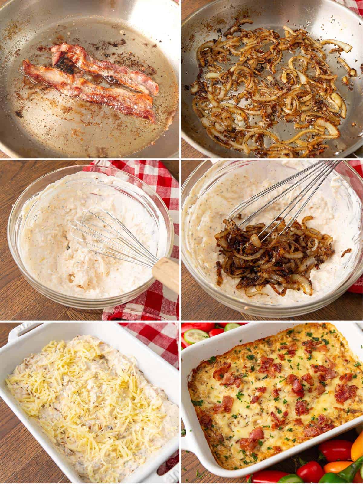 A collage of 6 images showing how to make Caramelized Onion Dip.