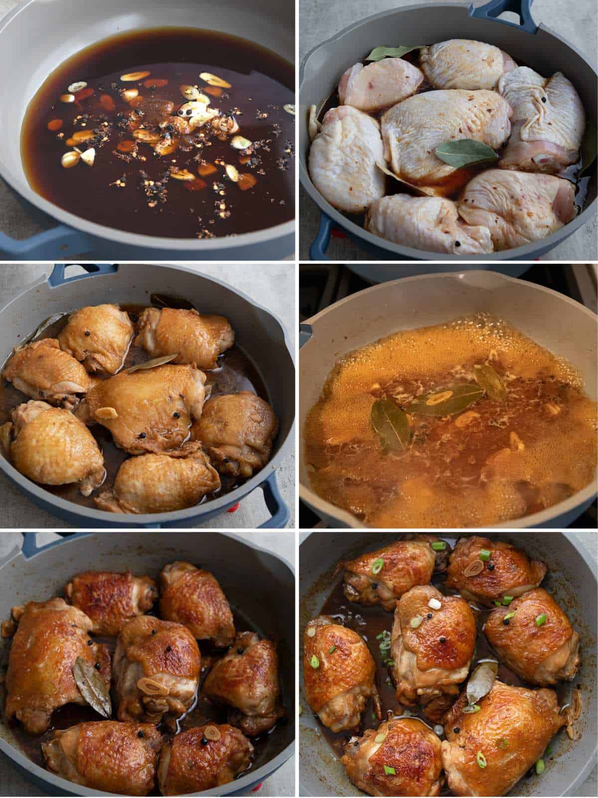 A collage of 6 images showing the steps for making Chicken Adobo.
