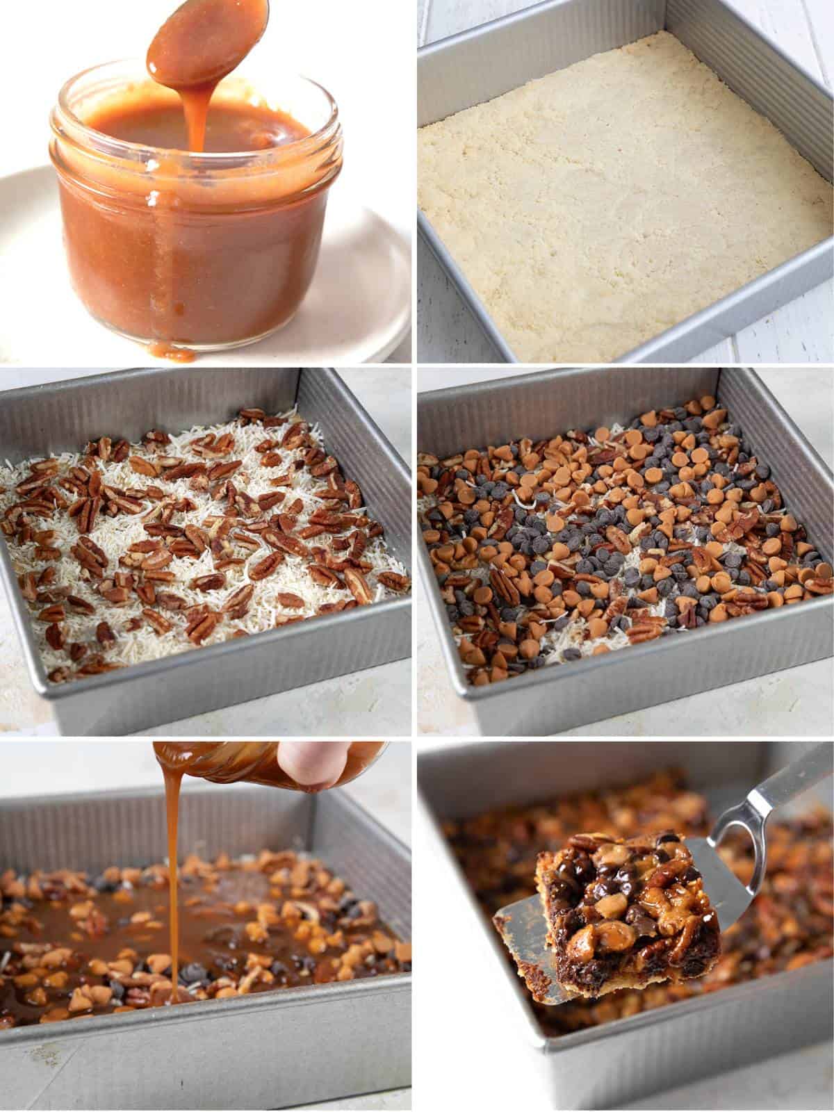 A collage of 6 images showing how to make Keto Salted Caramel Magic Bars.