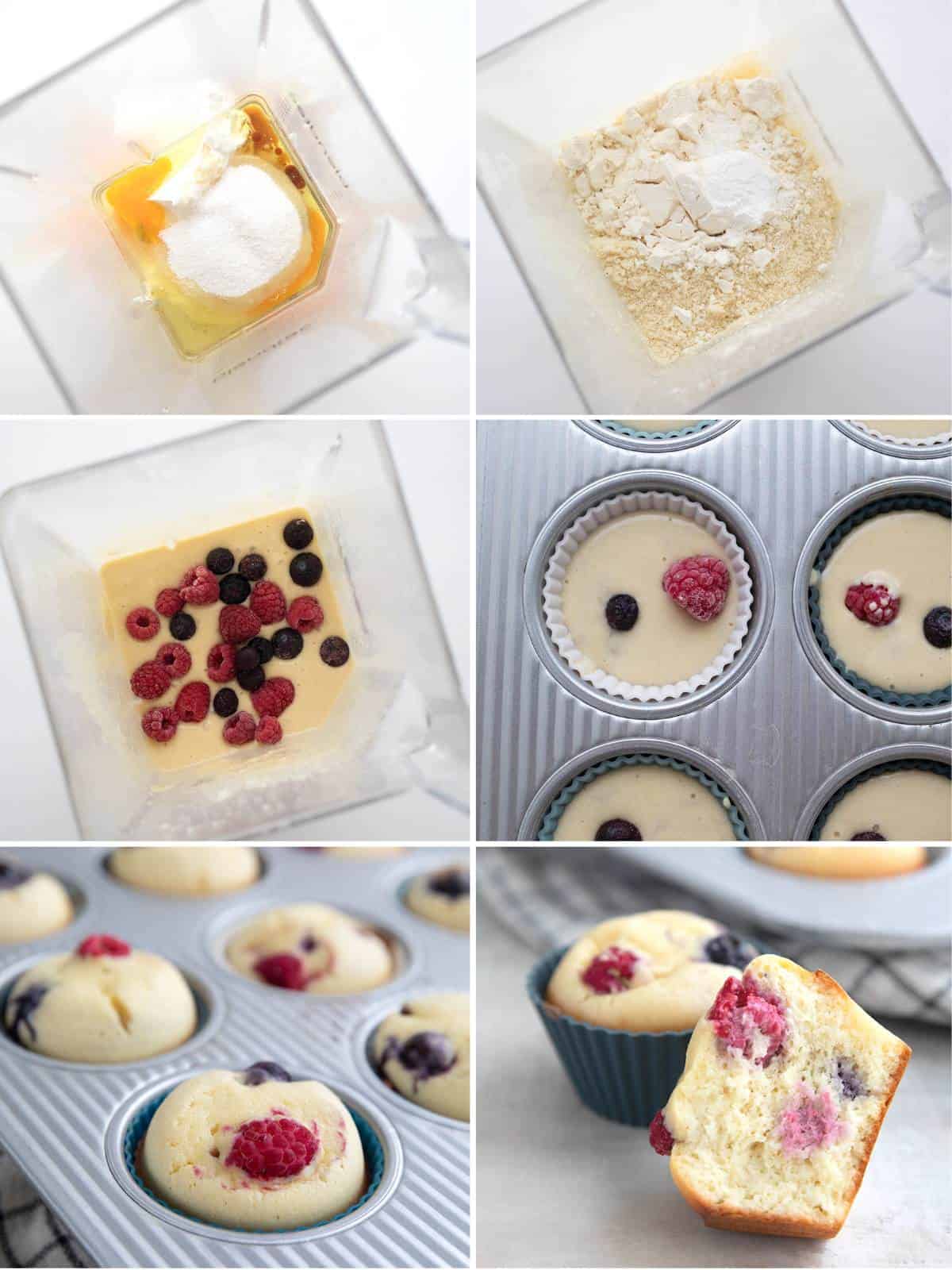 A collage of 6 images showing how to make Keto Pancake Muffins.