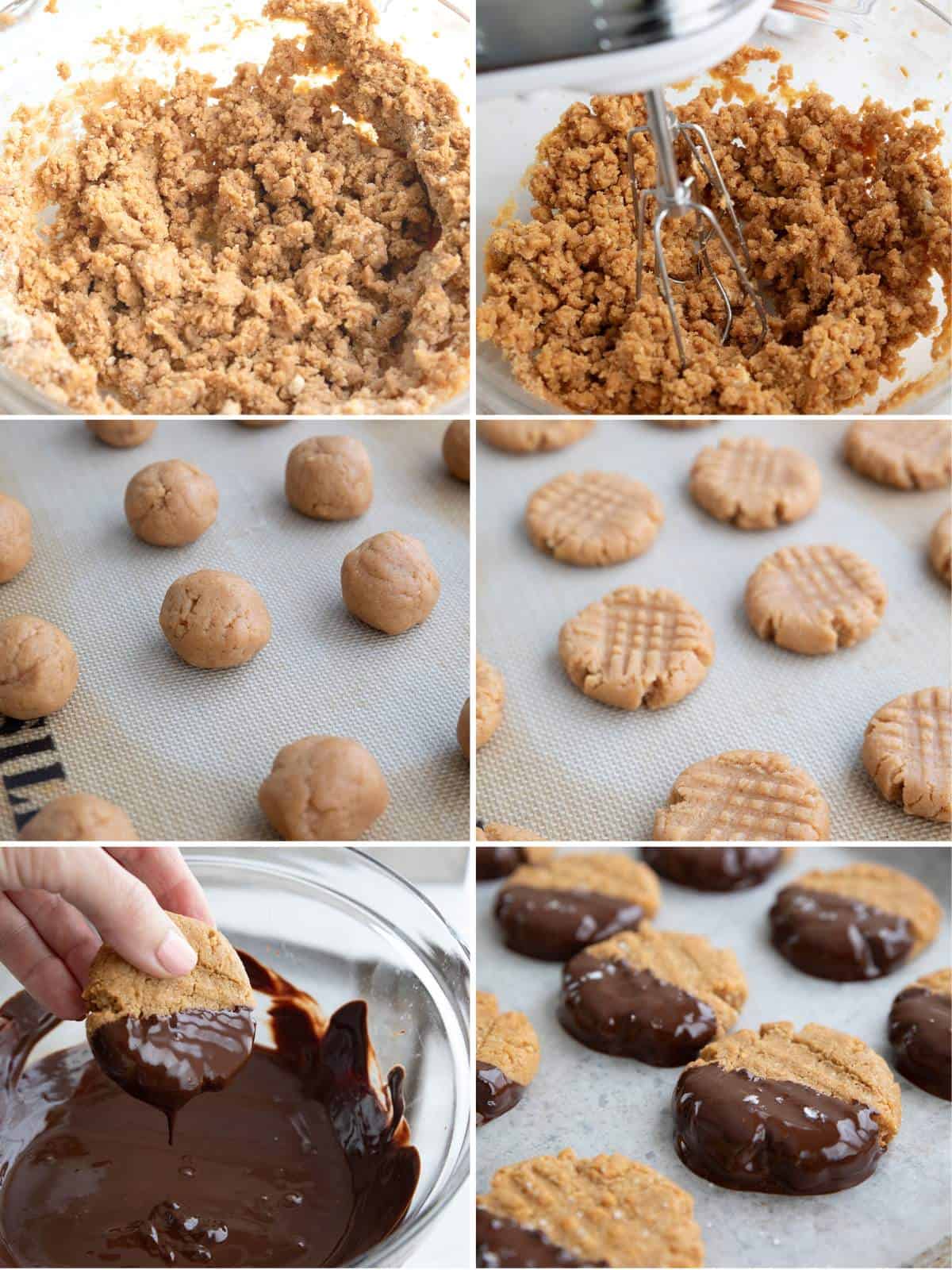 A collage of 6 images showing how to make Keto Peanut Butter Cookies