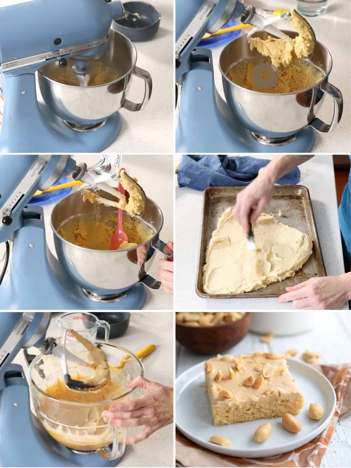 A collage of 6 images showing how to make Keto Peanut Butter Sheet Cake.