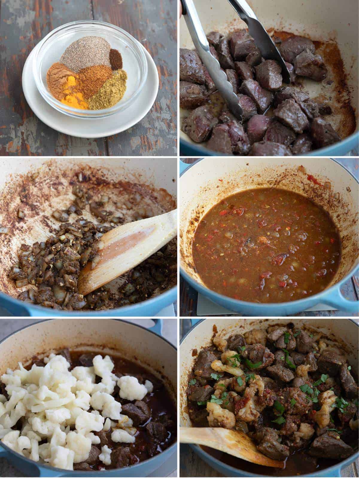 A collage of 6 images showing how to make Moroccan Lamb Stew.