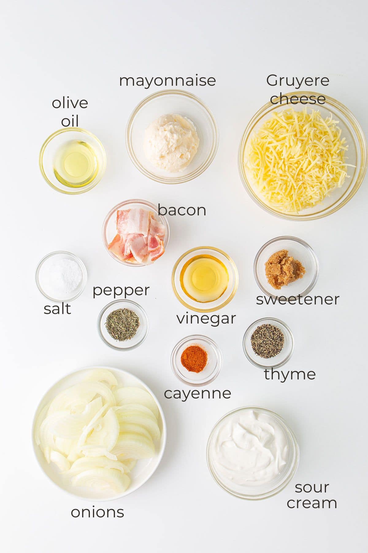 Top down image of ingredients needed for Caramelized Onion Dip.