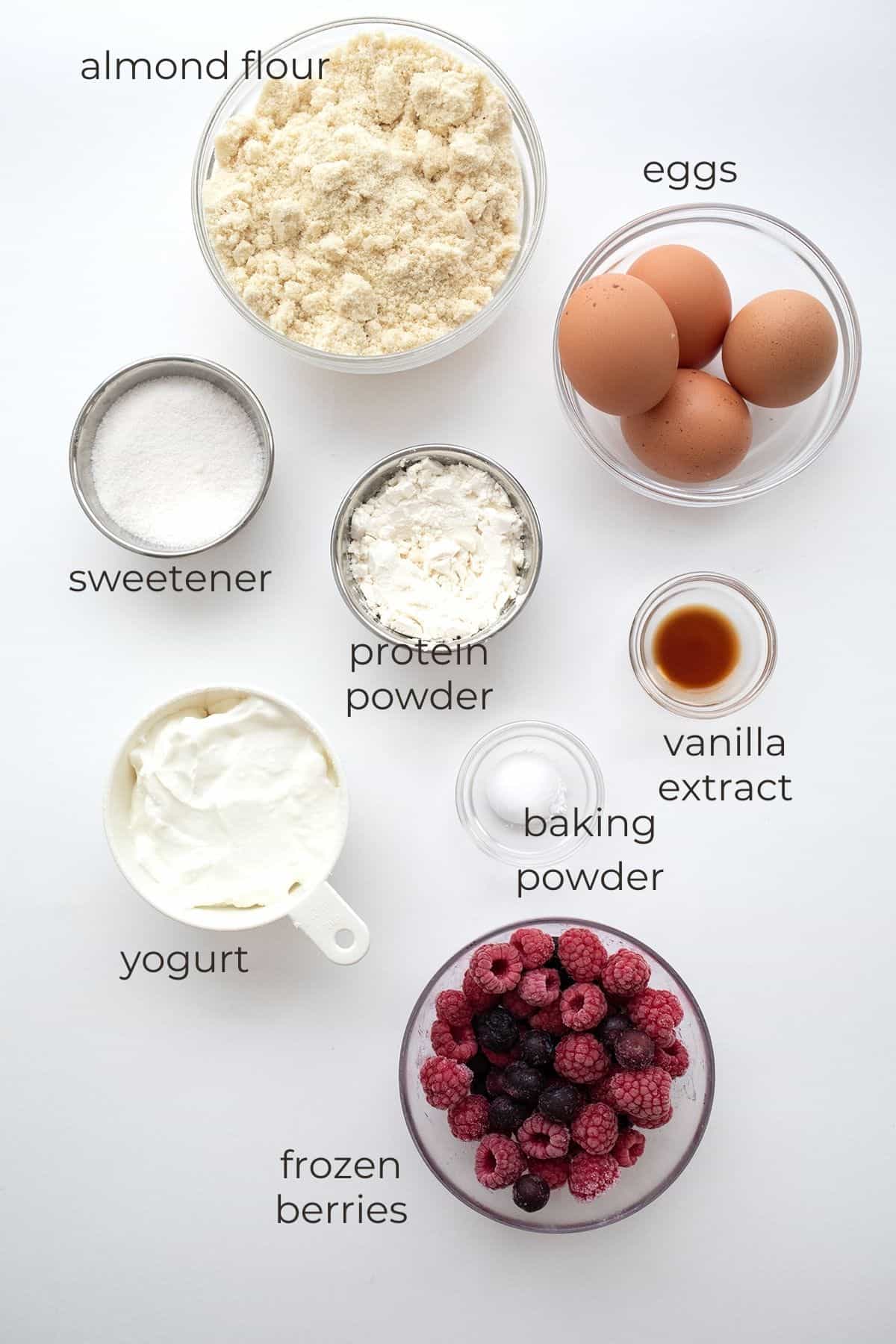 Top down image of the ingredients needed for Keto Pancake Muffins.