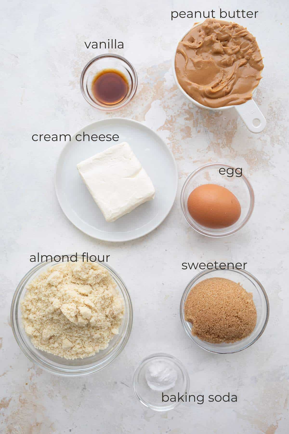 Top down image of ingredients for Keto Peanut Butter Cookies.