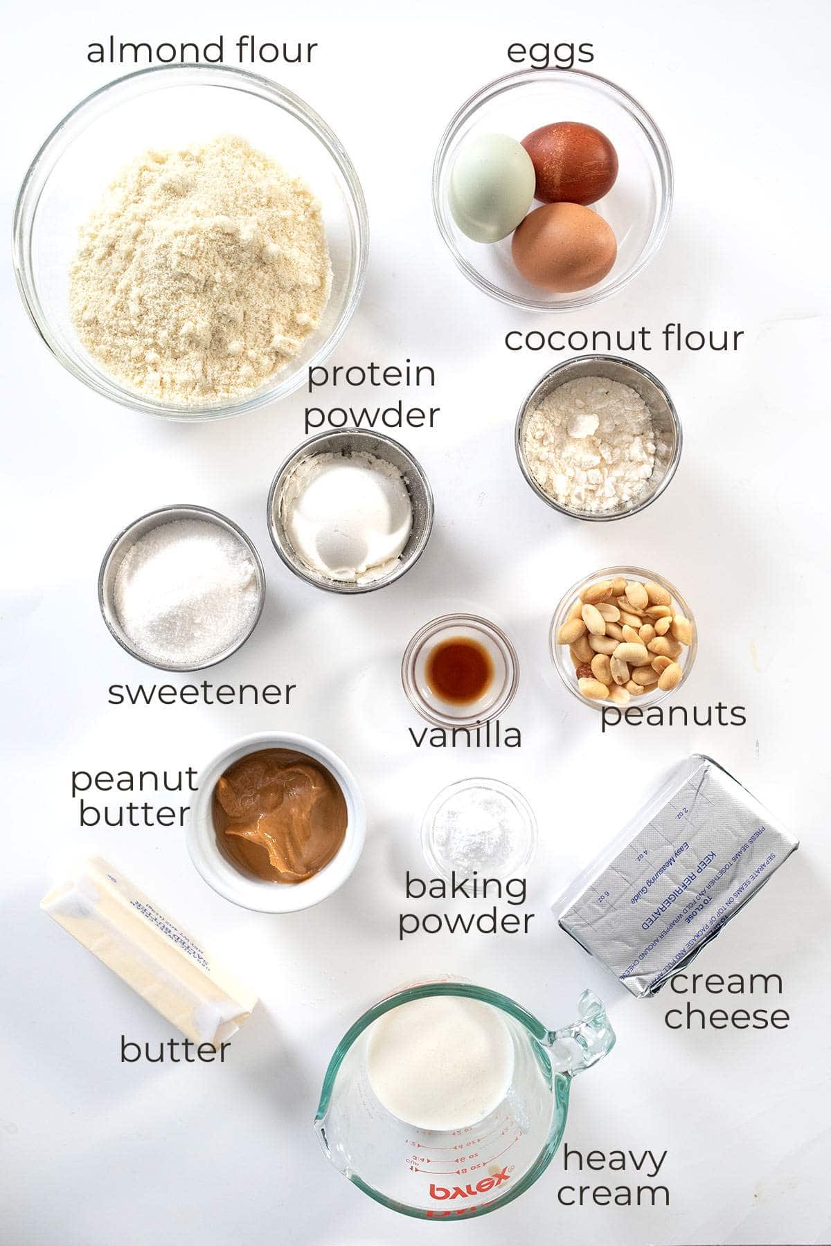 Top down image of ingredients needed for Keto Peanut Butter Sheet Cake.