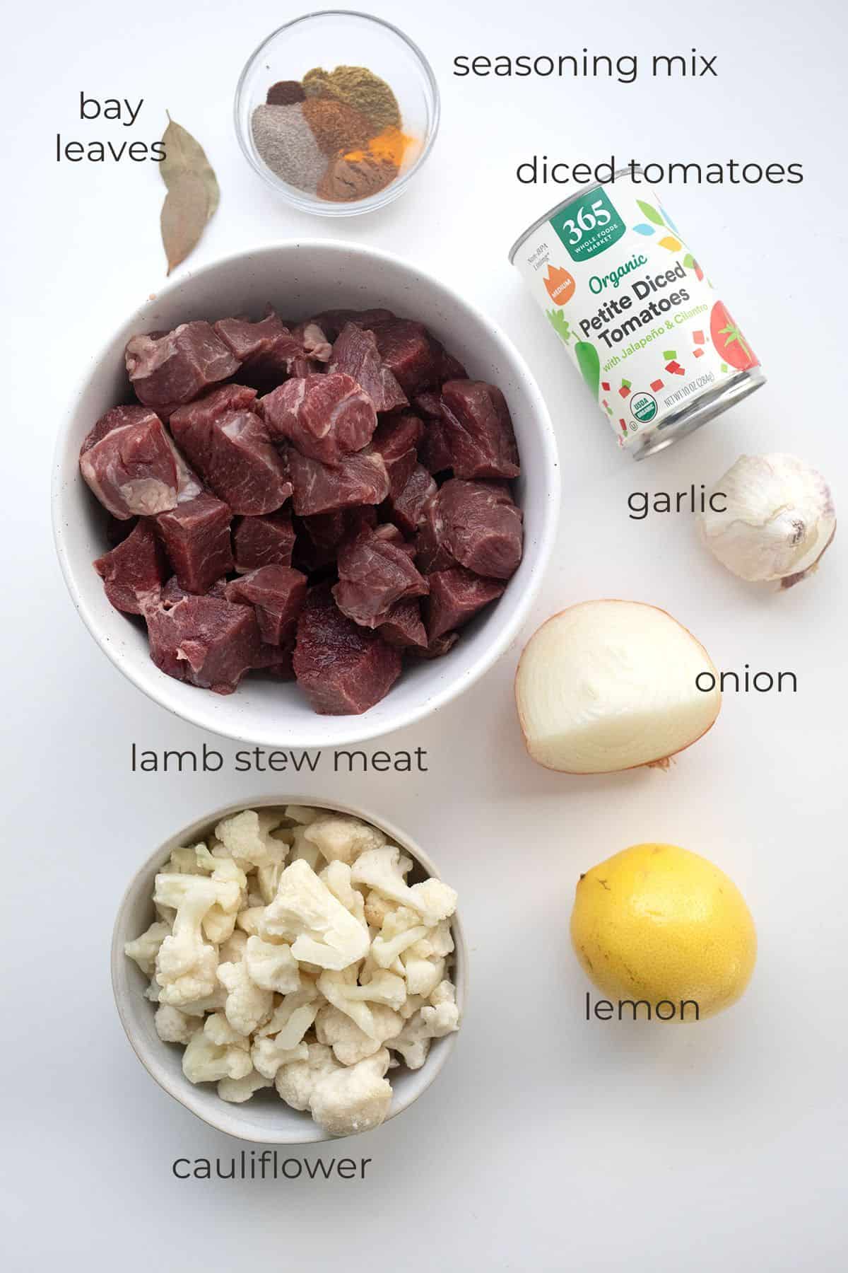 Top down image of ingredients needed for Moroccan Lamb Stew.