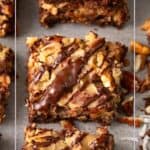 German chocolate brownies lined up on a gray concrete table.