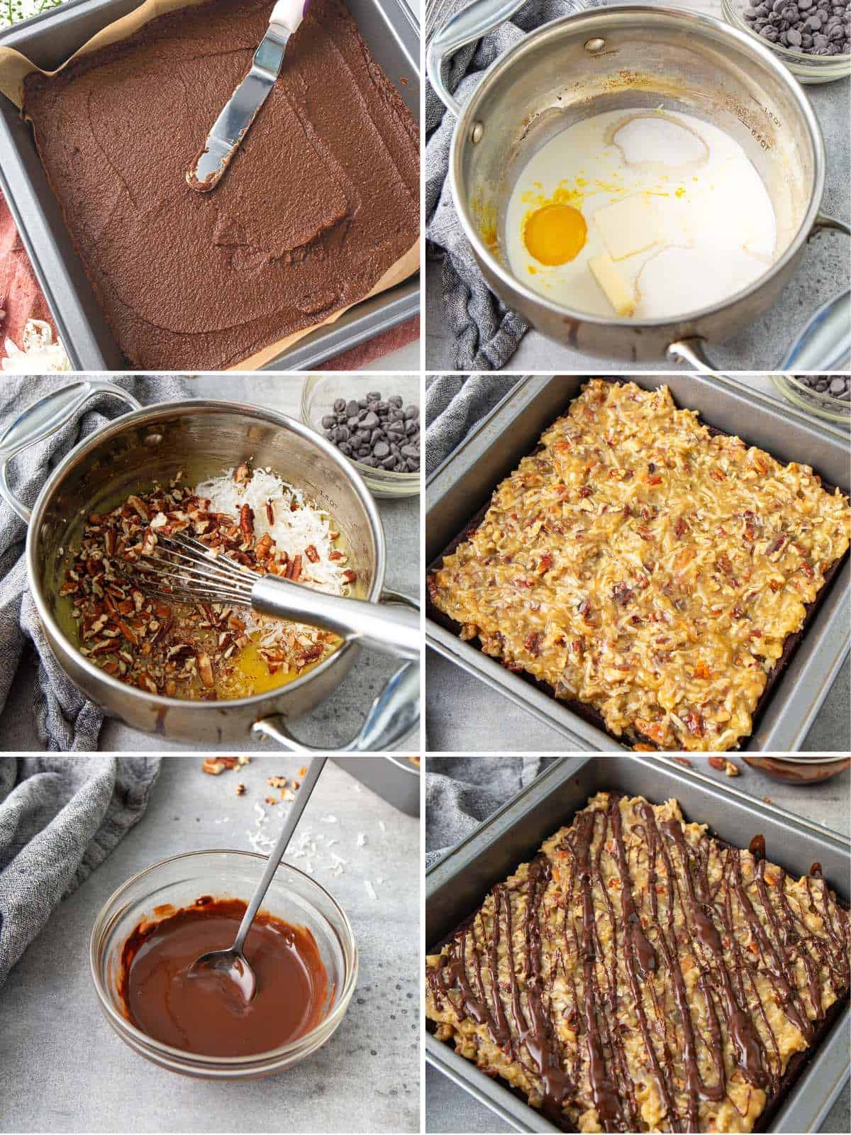 A collage of 6 images showing how to make Keto German Chocolate Brownies.