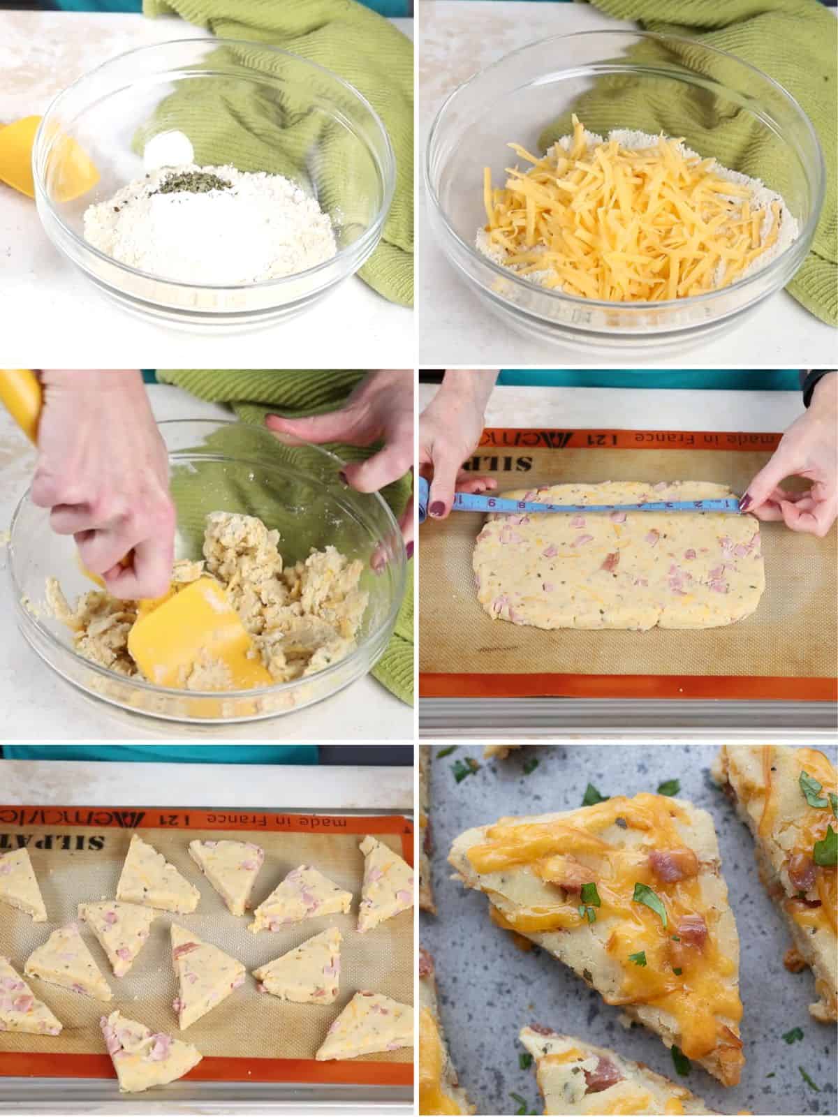 A collage of 6 images showing how to make Keto Ham and Cheese Scones.