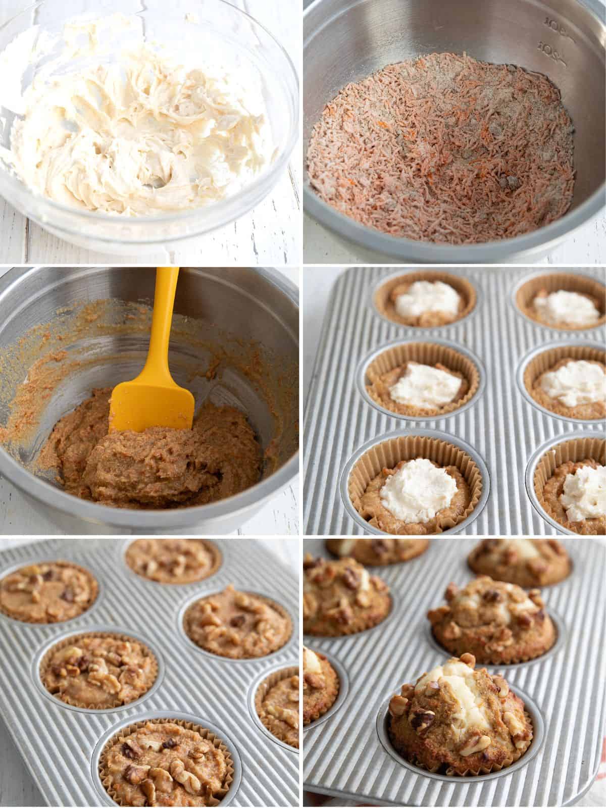 A collage of 6 images showing the steps for making Carrot Cake Muffins.