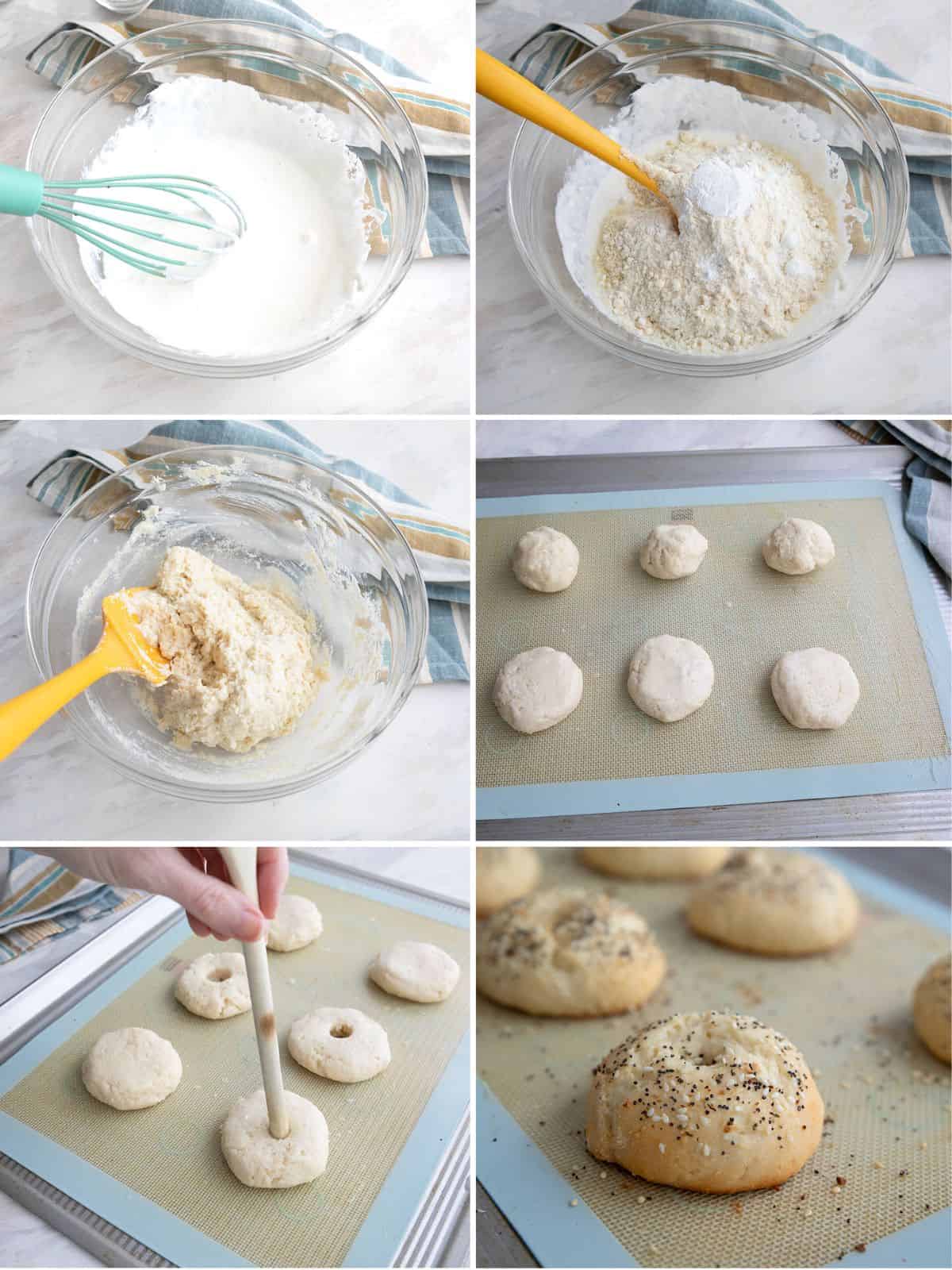A collage of 6 images showing how to make Protein Bagels.