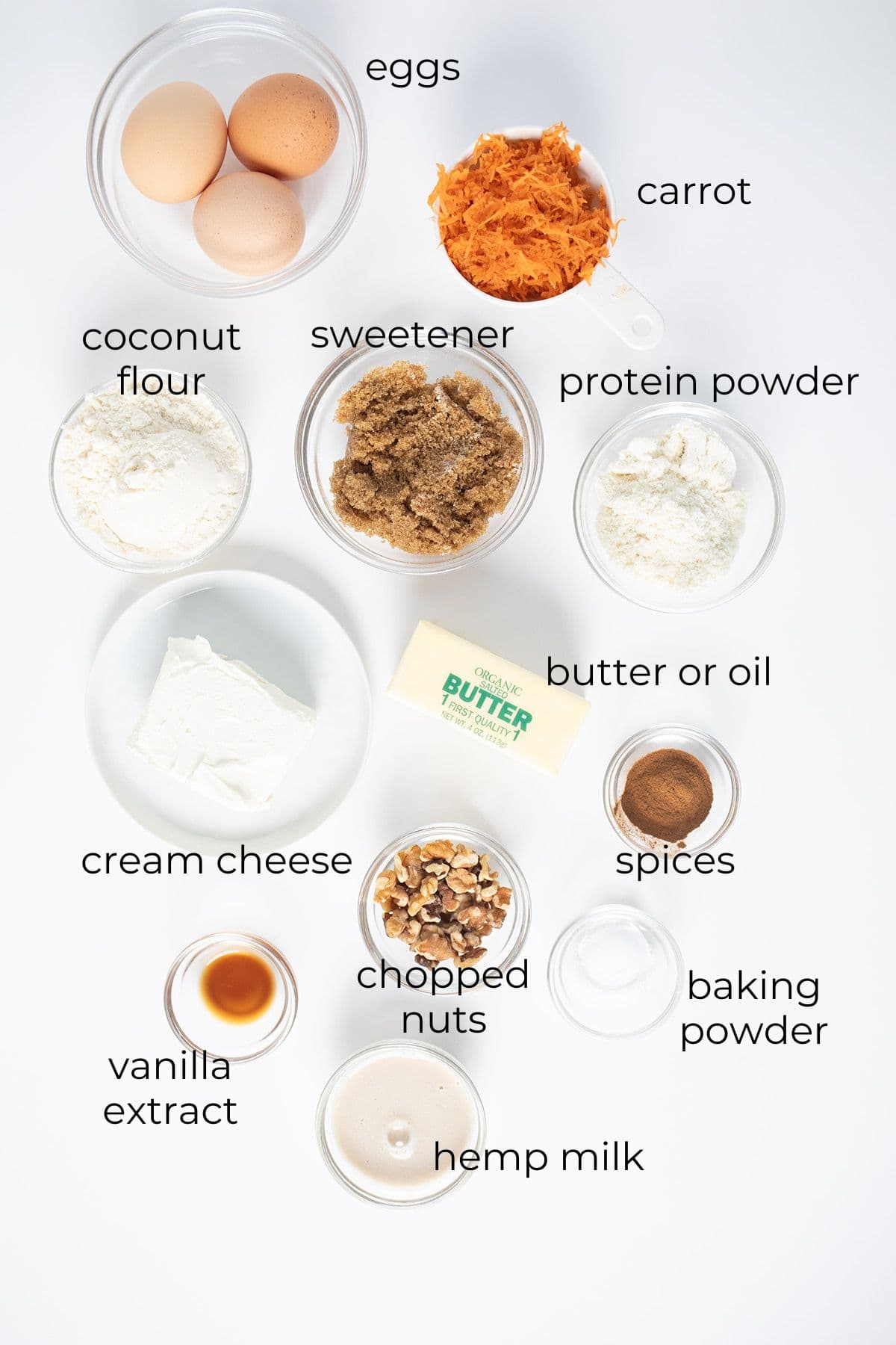 Top down image of ingredients needed for Keto Carrot Cake Muffins.