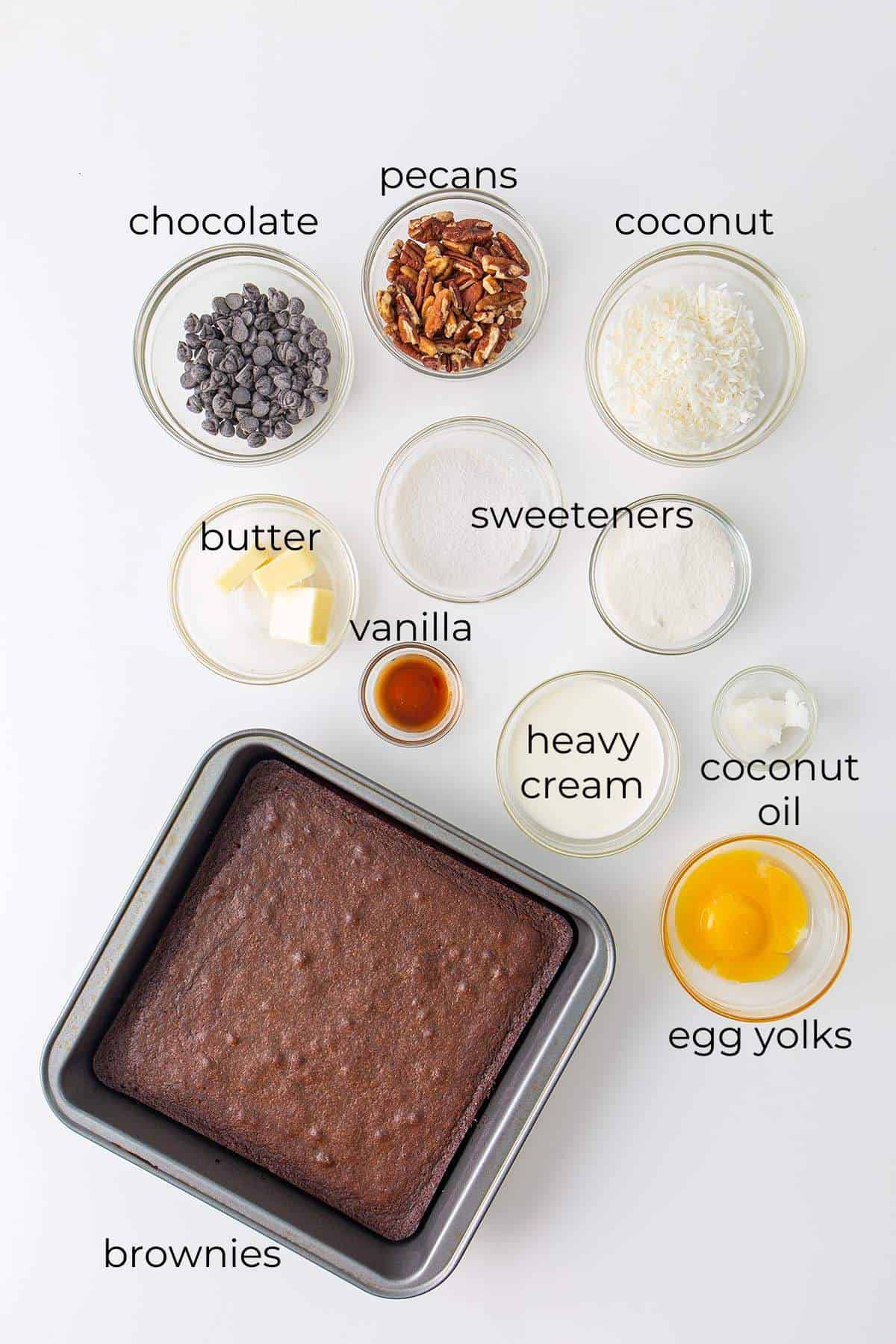 Top down image of ingredients needed for Keto German Chocolate Brownies.