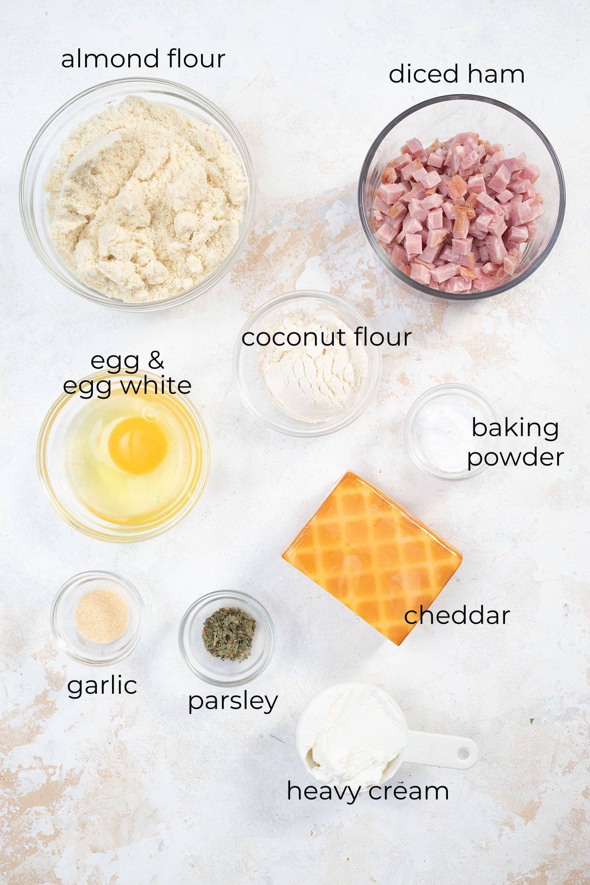 Top down image of ingredients needed for Ham and Cheese Scones.