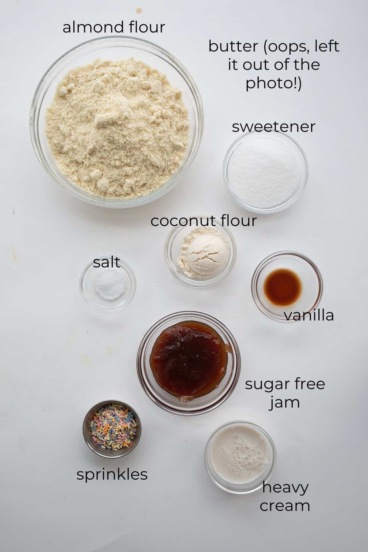 Top down image of ingredients needed for Keto Pop Tart Bars.