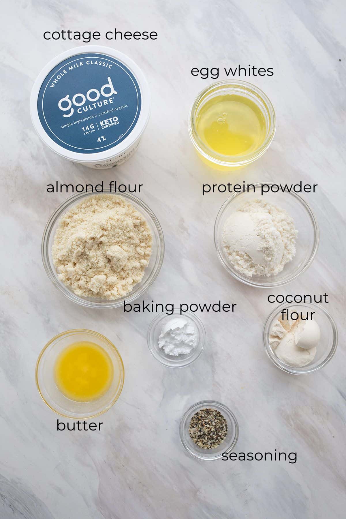 Top down image of ingredients for Protein Bagels.