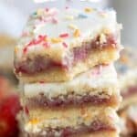 Titled image of a stack of keto pop tart bars with a bite taken out of the top one.