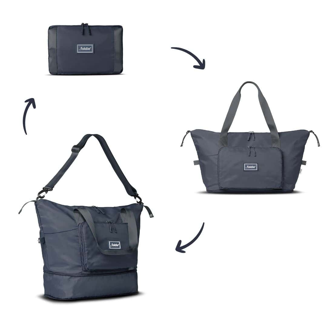 Image showing how the Foldie tote bag can be folded down or expanded. 