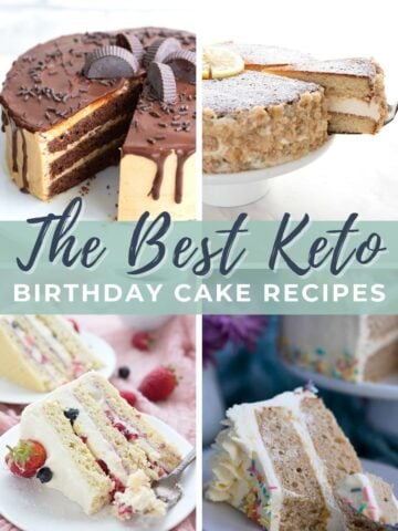 A collage of four images showing different flavors of keto birthday cake.