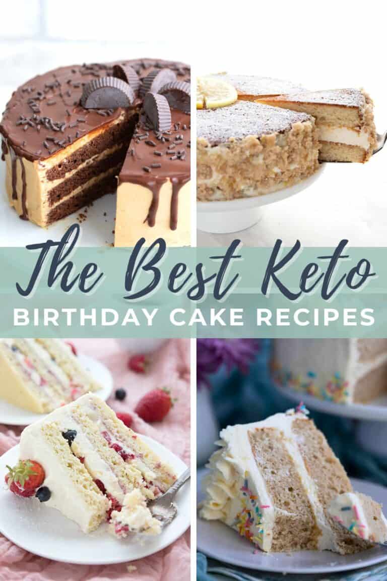 A collage of four images showing different flavors of keto birthday cake.