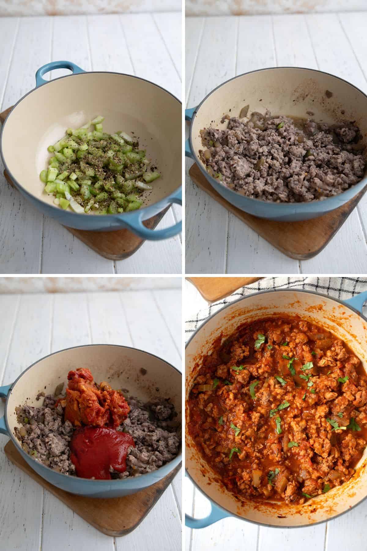 A collage of 4 images showing the steps for making Turkey Ragu.