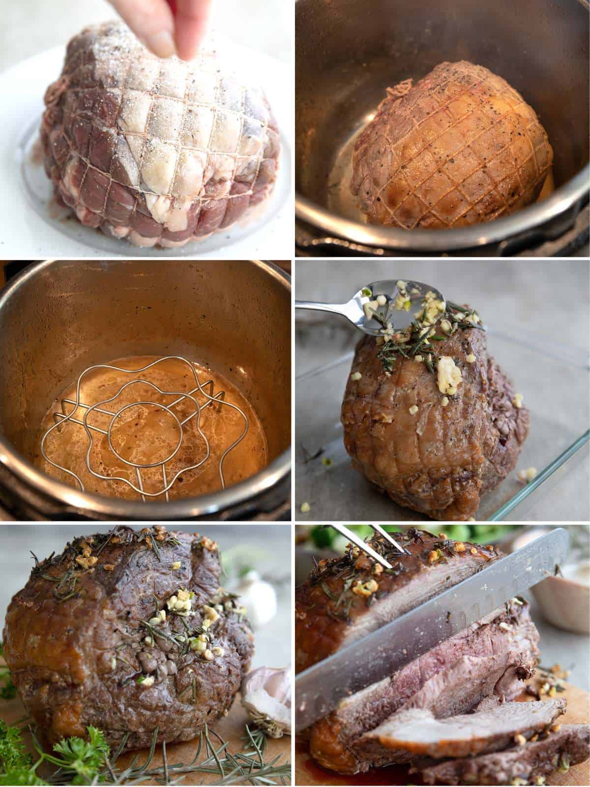 A collage of 6 images showing how to make Instant Pot Leg of Lamb.