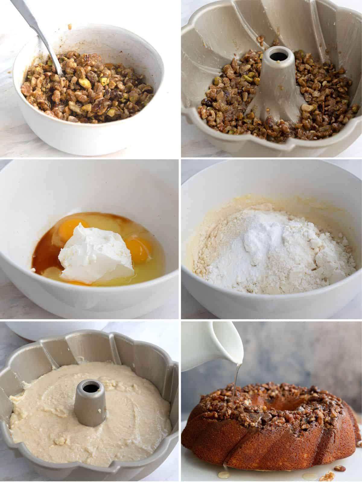 A collage of 6 images showing how to make Keto Baklava Cake.