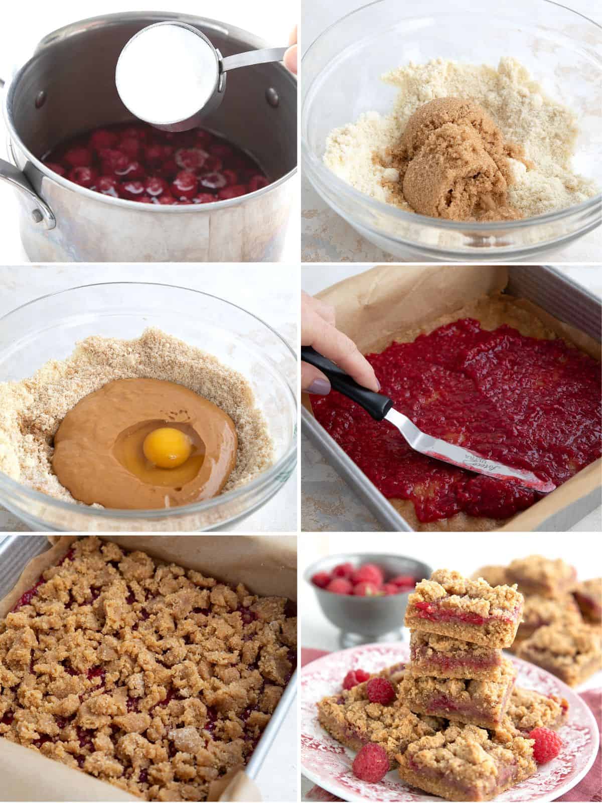 A collage of 6 images showing the steps for making Peanut Butter and Jelly Bars
