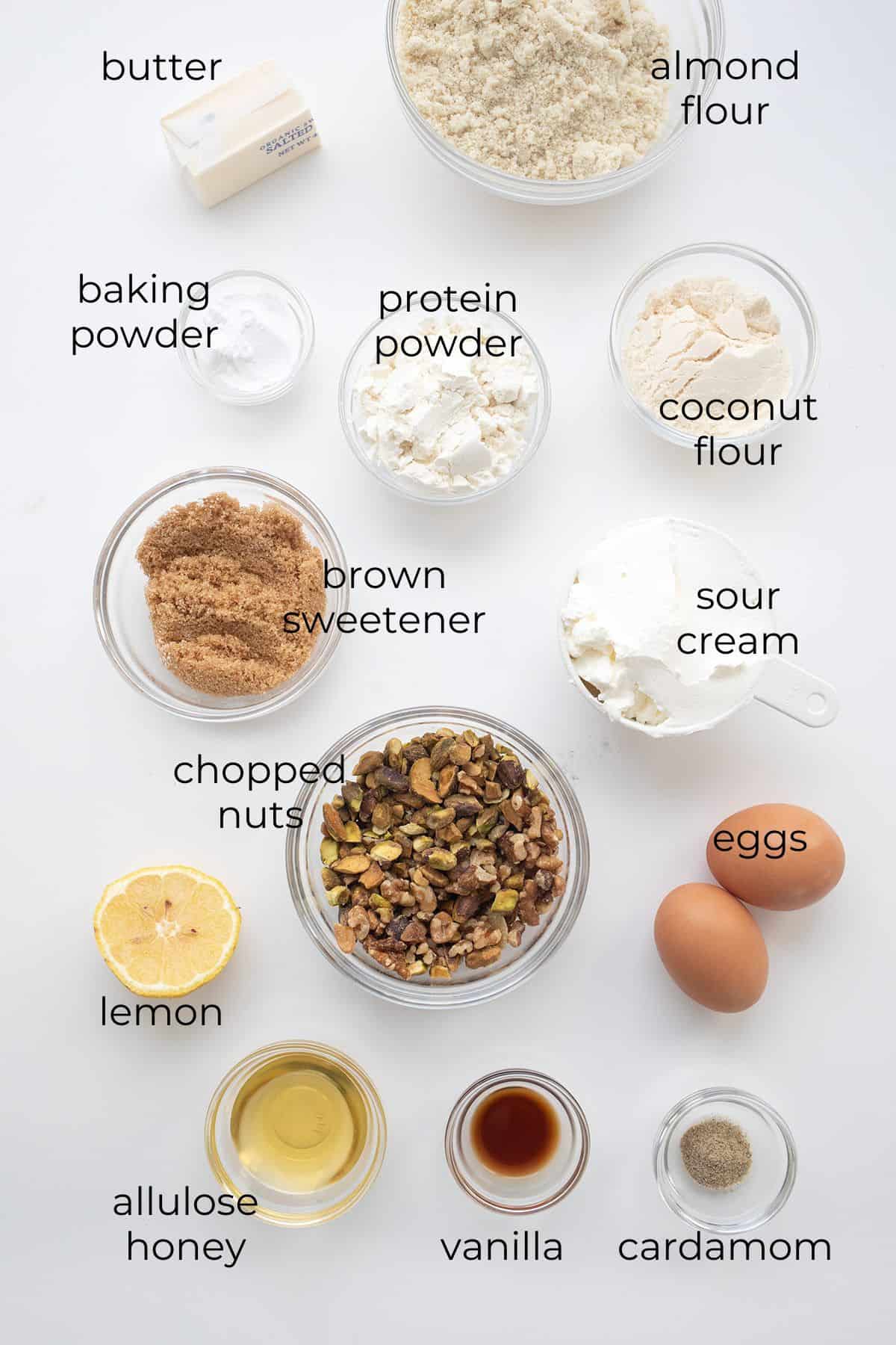 Top down image of ingredients needed for keto baklava bundt cake.