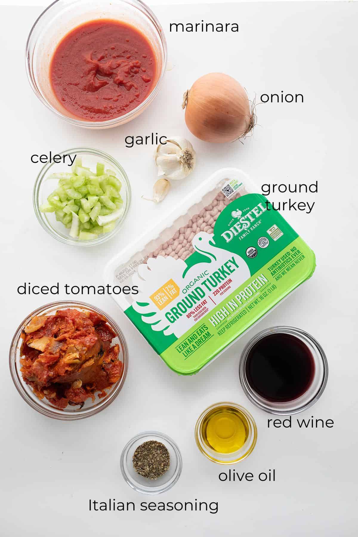 Top down image of ingredients for Turkey Ragu.