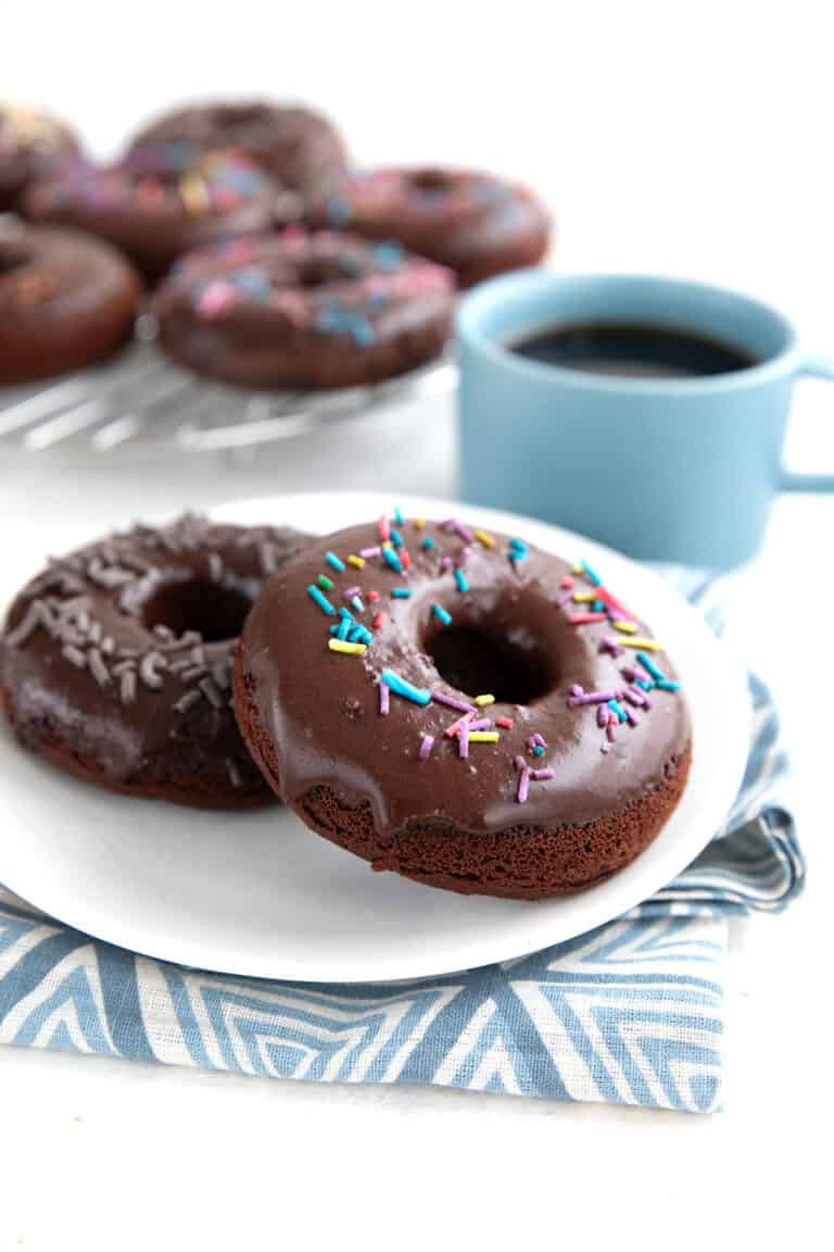 Two sugar free donuts on a white plate over a blue patterned napkin.