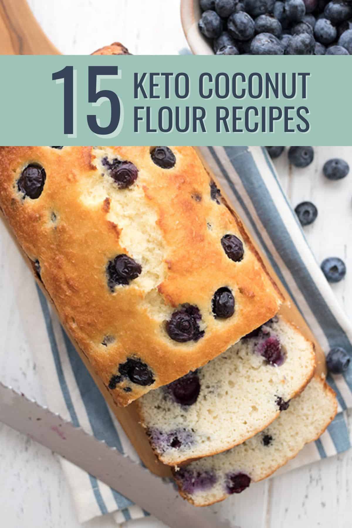 Titled image for 15 Keto Coconut Flour Recipes with a top down image of keto blueberry bread.
