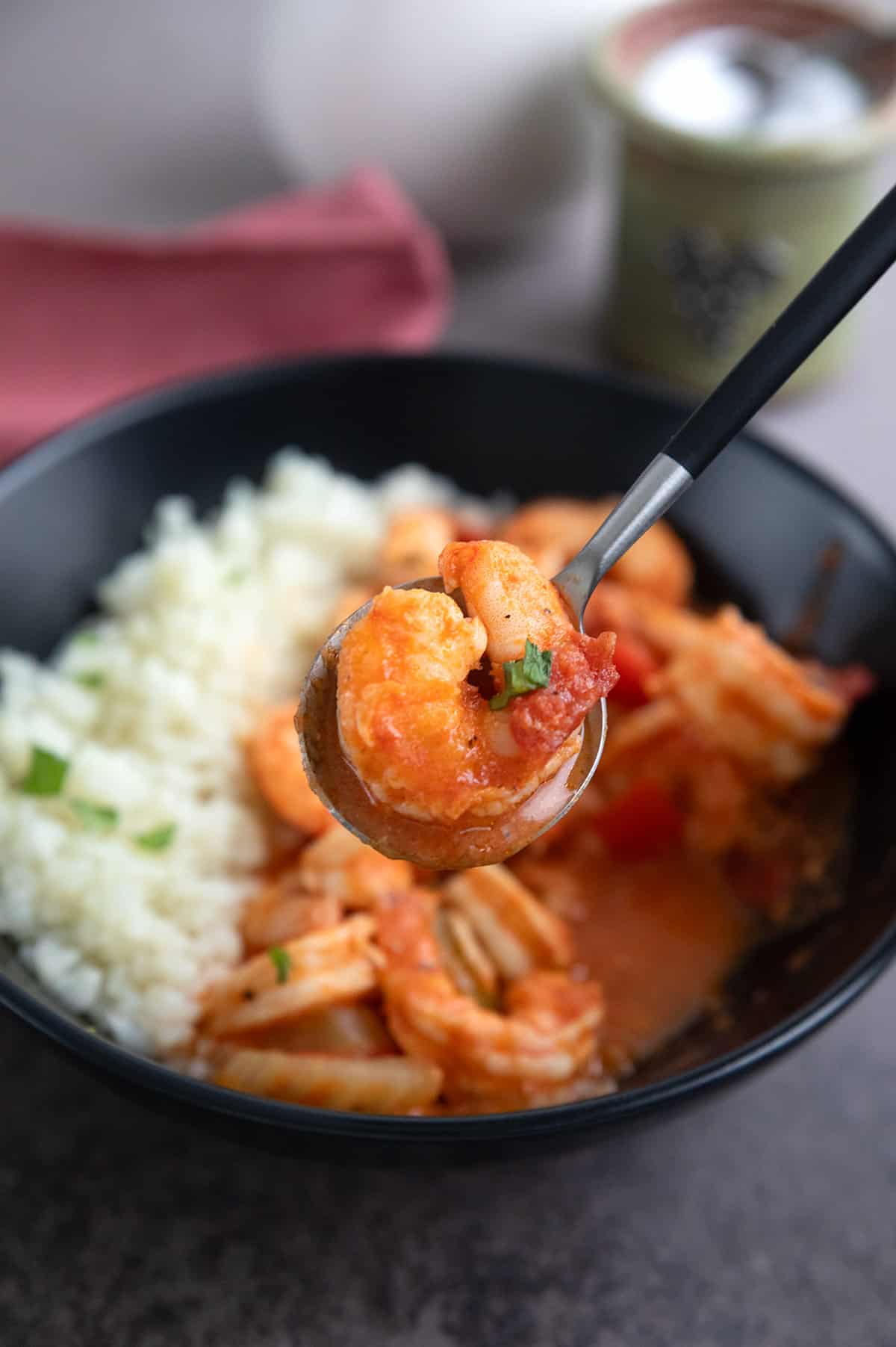 Close up shot of shrimp being lifted above a bowl of Shrimp Creole on a spoon.