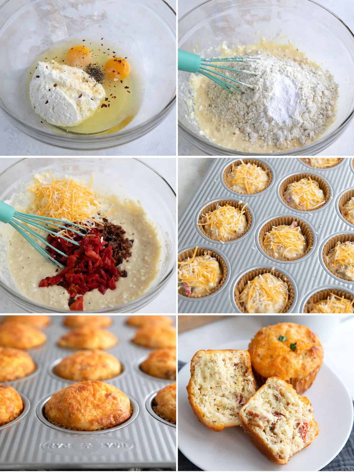 A collage of 6 images showing how to make Cottage Cheese Protein Muffins.