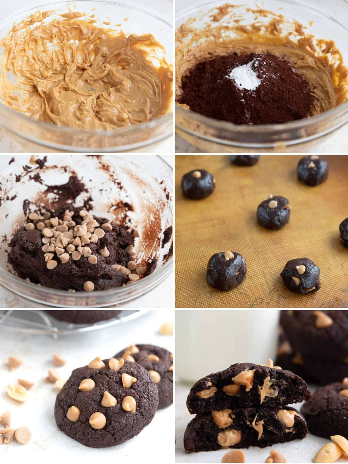 A collage of 6 images showing how to make Keto Chocolate Peanut Butter Cookies.